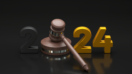 New Year 2024 banner. Justice and law concept. Featuring wooden gavel and text on dark background. - obrazy, fototapety, plakaty