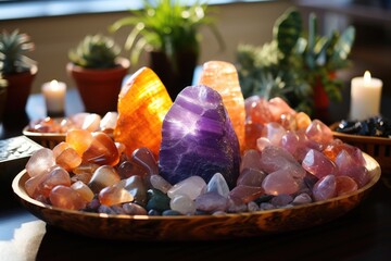 A collection of colorful crystals and stones in a circular wooden bowl on a table. There are amethyst, rose quartz, citrine, agate, jasper, and fluorite.