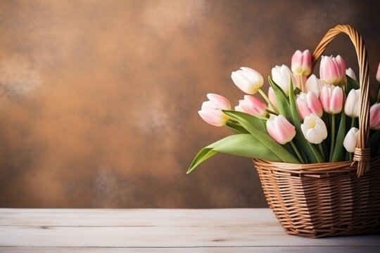 A woven wicker basket with a handle of pink and white tulips on a wooden table with a brown textured background. Copy space on the right side of the image.
