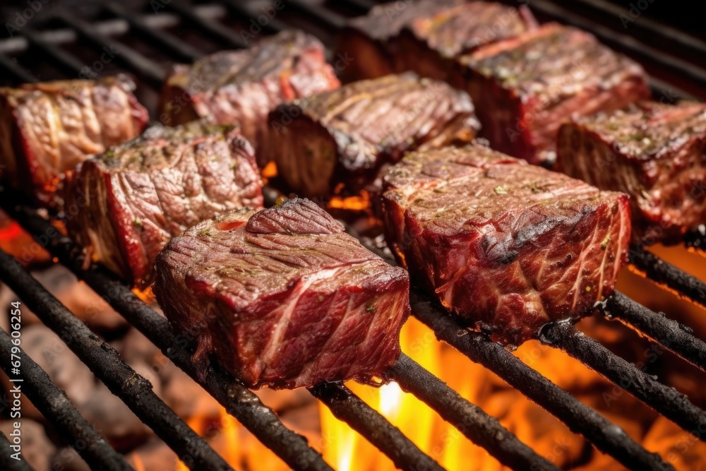 Wall mural beef ribs smoking on a barbecue grill, brushed with tangy sauce