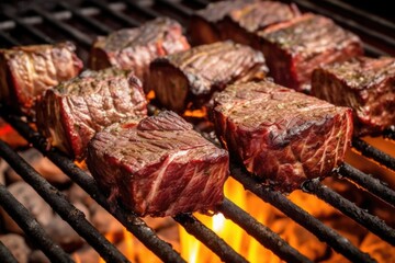 beef ribs smoking on a barbecue grill, brushed with tangy sauce