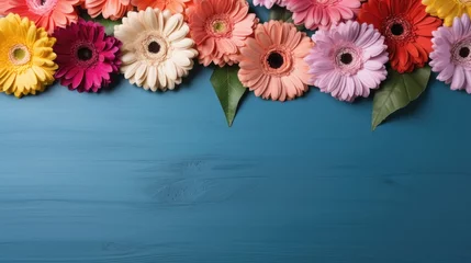 Fototapeten A row of colorful gerbera daisies with stems and leaves visible on a blue wooden background. The colors of the flowers range from pink to orange to yellow. © Ari