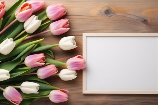 A flat lay image of a bouquet of pink and white tulips and a blank white picture frame on a wooden background