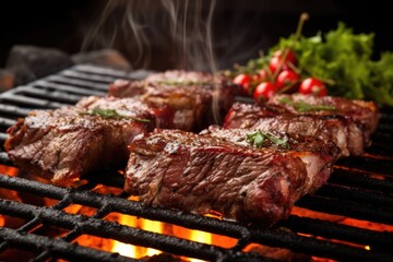 sizzling beef ribs on a barbecue grill, oozing with tangy sauce