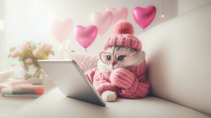 Cute cat with tablet in living room. Valentine's day concept background - obrazy, fototapety, plakaty