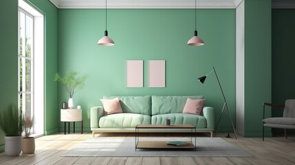 Sofa in green living room with copy space. Generative Ai