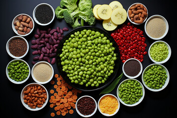Lebensmittel
 knolling. Gesunde natürliche Bio-Lebensmittel. Frisches Gemüse. Hülsenfrüchte. 
 knolling Zusammensetzung. Flat Lay Ansicht von Lebensmitteln