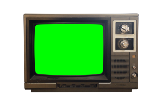 Black vintage green screen TV for adding new images to the screen. Isolated on white background.