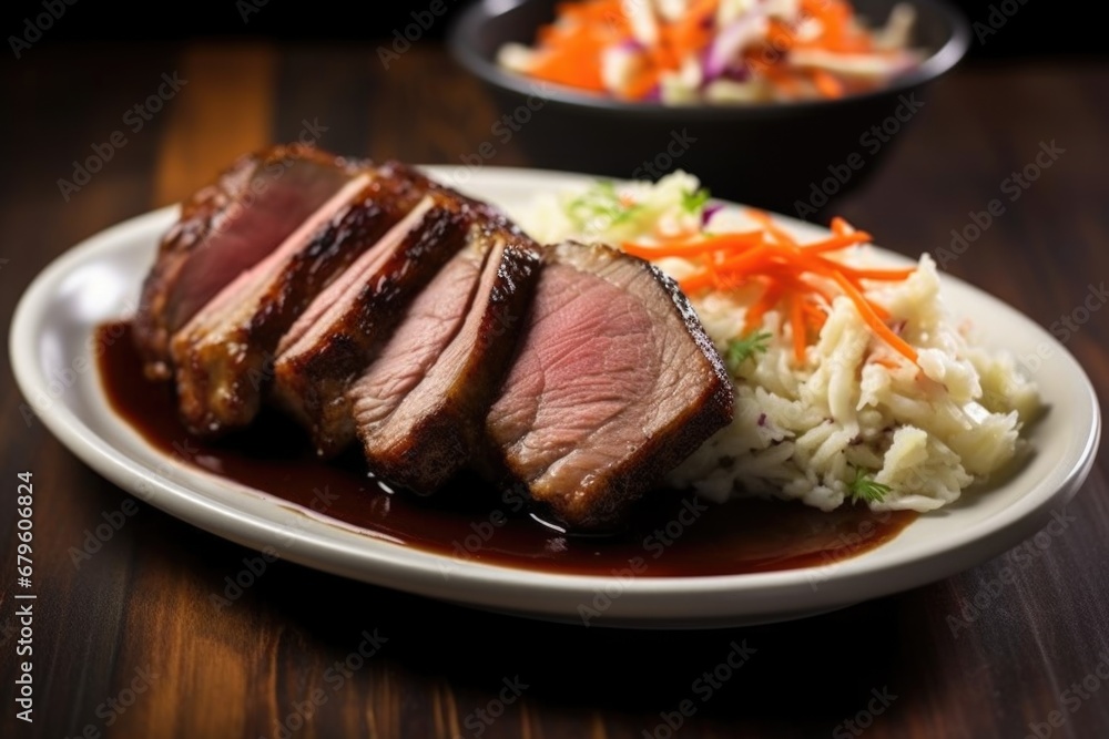 Poster tender beef brisket slices with a side of coleslaw