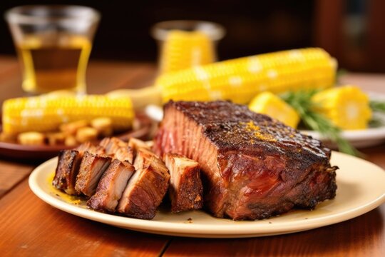 pieces of brisket on a plate with a corn cob