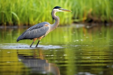 a heron fishing in shallow wetland waters