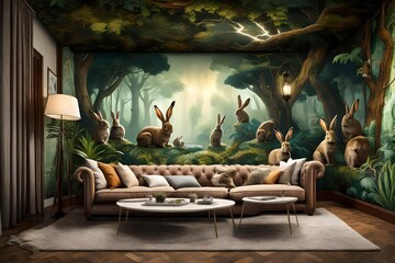  An Enchanting Interior Room with a Playful 3D Rabbit Painting Gracing the Back Wall of a Cozy Sofa, Set Against a Breathtaking Backdrop of Nature's Splendor - Towering Trees, Lush Greenery, and a Ser