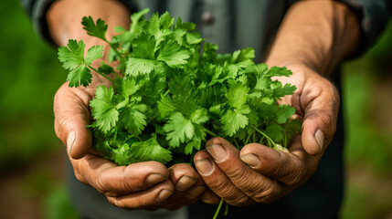 Fototapeta na wymiar close-up of parsley in hands.Generative AI