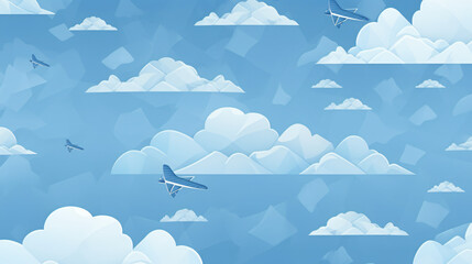 Drawn paper airplanes and clouds on blue background.