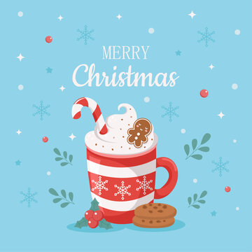 Christmas card with hot cocoa with cream and gingerbread man