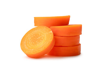 Beautiful orange  carrot slices in stack isolated on white background with clipping path and shadow...