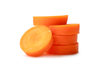Beautiful orange  carrot slices in stack isolated on white background with clipping path and shadow in png file format