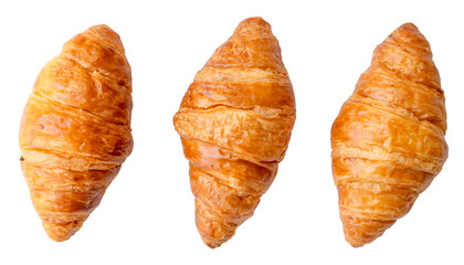 Top view of three separated fresh croissants in set isolated on white background with clipping path