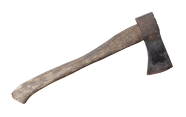 Old rust dirty dark gray axe with brown wooden handle isolated on white background with clipping path in png format