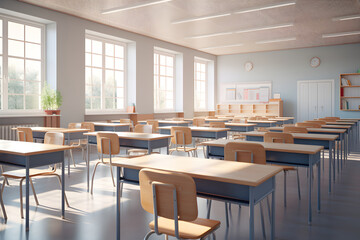 Empty classroom with tables and chairs with big window - obrazy, fototapety, plakaty