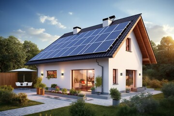 New suburban house with a photovoltaic system on the roof. Modern eco friendly passive house with...