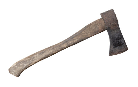 Old rust dirty dark gray axe with brown wooden handle isolated on white background with clipping path in png format