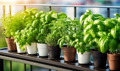 Fototapeta premium Balcony herb garden concept. Beautiful lush herb garden on city apartment balcony, with pots of basil, mint, rosemary growing in the urban environment