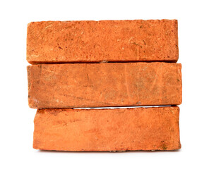 Cracked old red or orange bricks in stack isolated on white background with clipping path in png...