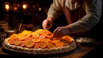 a man cuts a orange with an knife in the form of a slice of oranges on a wooden table in the kitchen