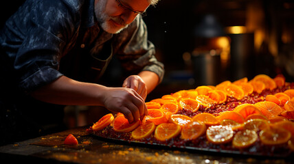 a man cuts a orange with an knife in the form of a slice of oranges on a wooden table in the kitchen