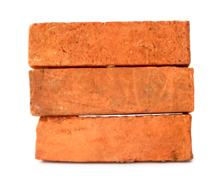 Cracked old red or orange bricks in stack isolated on white background with clipping path in png file format