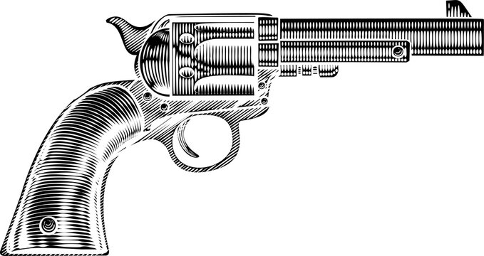 Western Cowboy Gun Pistol Revolver Woodcut Style