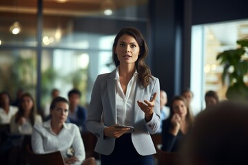 A confident female executive masterfully delivers a business presentation in a boardroom, engaging her audience during an informative workshop