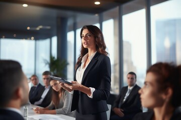 Fototapeta premium A confident female executive masterfully delivers a business presentation in a boardroom, engaging her audience during an informative workshop