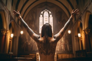Spiritual Communion: A realistic portrayal of a tattooed woman, arms raised in adoration in an evangelical church, highlighting tattoo details. Symbolizes deep spiritual communion and reverence