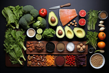 Lebensmittel
 knolling. Gesunde natürliche Bio-Lebensmittel. Frisches Gemüse und Lachs. Ketogene Ernährung. 
 knolling Zusammensetzung. Flat Lay Ansicht von Lebensmitteln