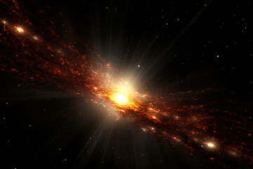 A neutron star c beams through a cosmic nebula in deep space.