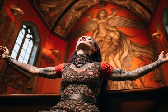 Spiritual Communion: A realistic portrayal of a tattooed woman, arms raised in adoration in an evangelical church, highlighting tattoo details. Symbolizes deep spiritual communion and reverence