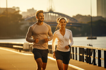 A young couple embodies the principles of a healthy lifestyle, doing a morning jog along the embankment.