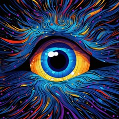 Abstract digital art featuring a cosmic eye surrounded by vivid, multicolored swirling patterns