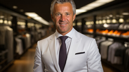 Naklejka premium an entrepreneur of a fashion store smiles into the camera wearing a suit
