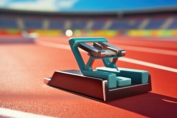 close-up of starting block position on racing track - obrazy, fototapety, plakaty