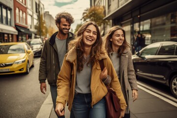 Fototapeta premium Joyful millennials commuting in an urban setting, walking together on city streets, embodying youthful energy and ambition