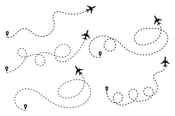 Airplane line path icon, Airplane dashed line path, airplane path to location, Flight tourism route path vector.