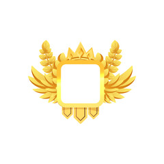 Golden game medal, award badge with crown, leaves and wings, vector level achievement frame with square empty space