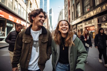 Joyful millennials commuting in an urban setting, walking together on city streets, embodying youthful energy and ambition - obrazy, fototapety, plakaty