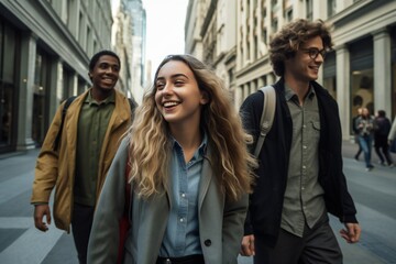 Fototapeta na wymiar Joyful millennials commuting in an urban setting, walking together on city streets, embodying youthful energy and ambition