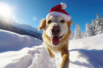Dog in santa hat running down a snow hill in front of an action cam. Generative AI - obrazy, fototapety, plakaty
