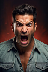 Portrait of an angry screaming man. Dynamic facial expressions and gestures.