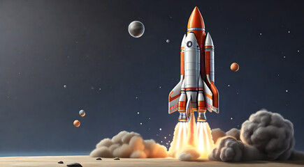 A colorful picture of rocket flying in the sky - obrazy, fototapety, plakaty